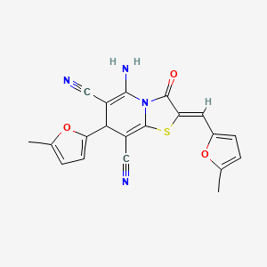 molecular formula C20H14N4O3S B11606602 (2Z)-5-amino-7-(5-methylfuran-2-yl)-2-[(5-methylfuran-2-yl)methylidene]-3-oxo-2,3-dihydro-7H-[1,3]thiazolo[3,2-a]pyridine-6,8-dicarbonitrile 