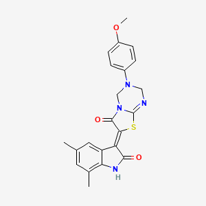 (7Z)-7-(5,7-dimethyl-2-oxo-1,2-dihydro-3H-indol-3-ylidene)-3-(4-methoxyphenyl)-3,4-dihydro-2H-[1,3]thiazolo[3,2-a][1,3,5]triazin-6(7H)-one