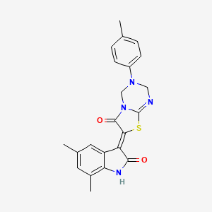 (7Z)-7-(5,7-dimethyl-2-oxo-1,2-dihydro-3H-indol-3-ylidene)-3-(4-methylphenyl)-3,4-dihydro-2H-[1,3]thiazolo[3,2-a][1,3,5]triazin-6(7H)-one