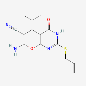 molecular formula C14H16N4O2S B11606721 7-amino-4-oxo-2-(prop-2-en-1-ylsulfanyl)-5-(propan-2-yl)-3H,4H,5H-pyrano[2,3-d]pyrimidine-6-carbonitrile 