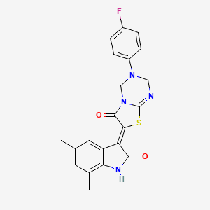 (7Z)-7-(5,7-dimethyl-2-oxo-1,2-dihydro-3H-indol-3-ylidene)-3-(4-fluorophenyl)-3,4-dihydro-2H-[1,3]thiazolo[3,2-a][1,3,5]triazin-6(7H)-one