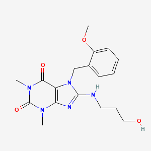 molecular formula C18H23N5O4 B11606879 8-[(3-hydroxypropyl)amino]-7-(2-methoxybenzyl)-1,3-dimethyl-3,7-dihydro-1H-purine-2,6-dione 