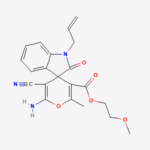 molecular formula C21H21N3O5 B11607005 2-Methoxyethyl 6'-amino-5'-cyano-2'-methyl-2-oxo-1-(prop-2-en-1-yl)-1,2-dihydrospiro[indole-3,4'-pyran]-3'-carboxylate 