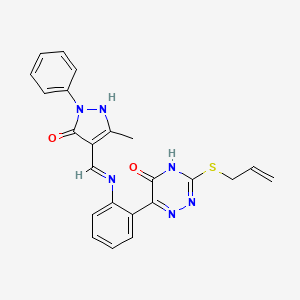 molecular formula C23H20N6O2S B11607114 4-({2-[3-(allylsulfanyl)-5-hydroxy-1,2,4-triazin-6-yl]anilino}methylene)-5-methyl-2-phenyl-2,4-dihydro-3H-pyrazol-3-one 