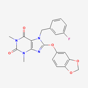 molecular formula C21H17FN4O5 B11607247 8-(1,3-benzodioxol-5-yloxy)-7-(3-fluorobenzyl)-1,3-dimethyl-3,7-dihydro-1H-purine-2,6-dione 