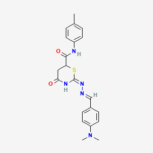 molecular formula C21H23N5O2S B11607298 2-{(2E)-2-[4-(dimethylamino)benzylidene]hydrazinyl}-N-(4-methylphenyl)-4-oxo-5,6-dihydro-4H-1,3-thiazine-6-carboxamide 