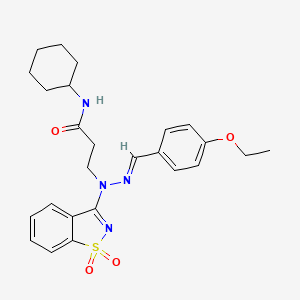 molecular formula C25H30N4O4S B11607389 N-cyclohexyl-3-[(2E)-1-(1,1-dioxido-1,2-benzisothiazol-3-yl)-2-(4-ethoxybenzylidene)hydrazino]propanamide 