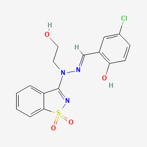 4-chloro-2-{(E)-[2-(1,1-dioxido-1,2-benzothiazol-3-yl)-2-(2-hydroxyethyl)hydrazinylidene]methyl}phenol