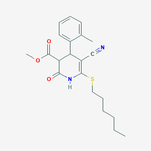 molecular formula C21H26N2O3S B11607621 Methyl 5-cyano-6-(hexylsulfanyl)-4-(2-methylphenyl)-2-oxo-1,2,3,4-tetrahydropyridine-3-carboxylate 