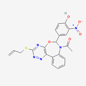 molecular formula C21H17N5O5S B11607682 1-[6-(4-hydroxy-3-nitrophenyl)-3-(prop-2-en-1-ylsulfanyl)[1,2,4]triazino[5,6-d][3,1]benzoxazepin-7(6H)-yl]ethanone 