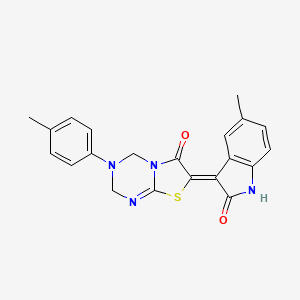 molecular formula C21H18N4O2S B11607745 (7Z)-7-(5-methyl-2-oxo-1,2-dihydro-3H-indol-3-ylidene)-3-(4-methylphenyl)-3,4-dihydro-2H-[1,3]thiazolo[3,2-a][1,3,5]triazin-6(7H)-one 