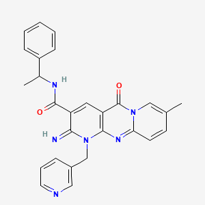 molecular formula C27H24N6O2 B11607759 6-imino-13-methyl-2-oxo-N-(1-phenylethyl)-7-(pyridin-3-ylmethyl)-1,7,9-triazatricyclo[8.4.0.03,8]tetradeca-3(8),4,9,11,13-pentaene-5-carboxamide 