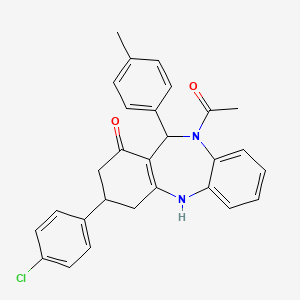 molecular formula C28H25ClN2O2 B11607760 1-[3-(4-chlorophenyl)-1-hydroxy-11-(4-methylphenyl)-2,3,4,11-tetrahydro-10H-dibenzo[b,e][1,4]diazepin-10-yl]ethanone 