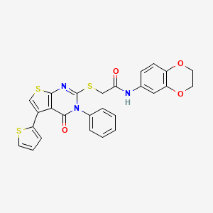 molecular formula C26H19N3O4S3 B11607849 N-(2,3-dihydro-1,4-benzodioxin-6-yl)-2-{[4-oxo-3-phenyl-5-(thiophen-2-yl)-3,4-dihydrothieno[2,3-d]pyrimidin-2-yl]sulfanyl}acetamide 