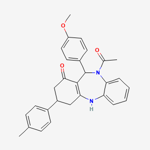 molecular formula C29H28N2O3 B11607923 1-[1-hydroxy-11-(4-methoxyphenyl)-3-(4-methylphenyl)-2,3,4,11-tetrahydro-10H-dibenzo[b,e][1,4]diazepin-10-yl]ethanone 