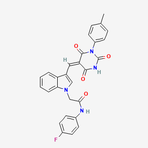 molecular formula C28H21FN4O4 B11607943 N-(4-fluorophenyl)-2-(3-{(E)-[1-(4-methylphenyl)-2,4,6-trioxotetrahydropyrimidin-5(2H)-ylidene]methyl}-1H-indol-1-yl)acetamide 