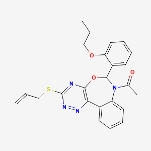 molecular formula C24H24N4O3S B11608200 1-[3-(prop-2-en-1-ylsulfanyl)-6-(2-propoxyphenyl)[1,2,4]triazino[5,6-d][3,1]benzoxazepin-7(6H)-yl]ethanone 