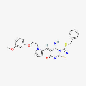 molecular formula C26H23N5O3S2 B11608247 (6Z)-3-(benzylsulfanyl)-5-imino-6-({1-[2-(3-methoxyphenoxy)ethyl]-1H-pyrrol-2-yl}methylidene)-5,6-dihydro-7H-[1,2,4]thiadiazolo[4,5-a]pyrimidin-7-one 