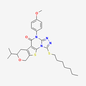 molecular formula C27H34N4O3S2 B11608249 3-heptylsulfanyl-7-(4-methoxyphenyl)-12-propan-2-yl-13-oxa-16-thia-2,4,5,7-tetrazatetracyclo[7.7.0.02,6.010,15]hexadeca-1(9),3,5,10(15)-tetraen-8-one 