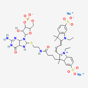 molecular formula C42H55N8O14PS3 · 2Na B1160847 disodium;2-[3-[3-[4-[2-[[2-amino-9-(7-hydroxy-2-oxido-2-oxo-4a,6,7,7a-tetrahydro-4H-furo[3,2-d][1,3,2]dioxaphosphinin-6-yl)-6-oxo-4,5,7,8-tetrahydro-1H-purin-8-yl]sulfanyl]ethylamino]-4-oxobutyl]-1-ethyl-3-methyl-5-sulfonato-3a,7a-dihydroindol-1-ium-2-yl]prop-2-enylidene]-1-ethyl-3,3-dimethylindole-6-sulfonate 