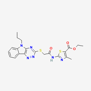 molecular formula C21H22N6O3S2 B11608587 ethyl 4-methyl-2-({[(5-propyl-5H-[1,2,4]triazino[5,6-b]indol-3-yl)sulfanyl]acetyl}amino)-1,3-thiazole-5-carboxylate 