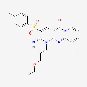 molecular formula C24H26N4O4S B11608668 7-(3-ethoxypropyl)-6-imino-11-methyl-5-(4-methylphenyl)sulfonyl-1,7,9-triazatricyclo[8.4.0.03,8]tetradeca-3(8),4,9,11,13-pentaen-2-one 