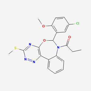 molecular formula C21H19ClN4O3S B11608926 1-[6-(5-chloro-2-methoxyphenyl)-3-(methylsulfanyl)[1,2,4]triazino[5,6-d][3,1]benzoxazepin-7(6H)-yl]propan-1-one 