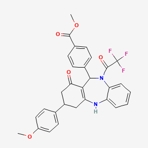 molecular formula C30H25F3N2O5 B11608996 methyl 4-[1-hydroxy-3-(4-methoxyphenyl)-10-(trifluoroacetyl)-3,4,10,11-tetrahydro-2H-dibenzo[b,e][1,4]diazepin-11-yl]benzoate 