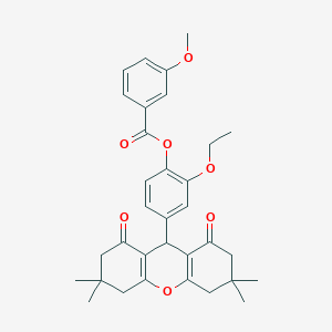 molecular formula C33H36O7 B11609023 2-ethoxy-4-(3,3,6,6-tetramethyl-1,8-dioxo-2,3,4,5,6,7,8,9-octahydro-1H-xanthen-9-yl)phenyl 3-methoxybenzoate 