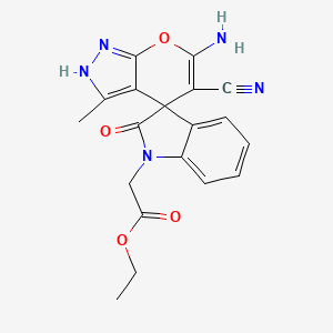 molecular formula C19H17N5O4 B11609062 ethyl (6'-amino-5'-cyano-3'-methyl-2-oxo-1'H-spiro[indole-3,4'-pyrano[2,3-c]pyrazol]-1(2H)-yl)acetate 