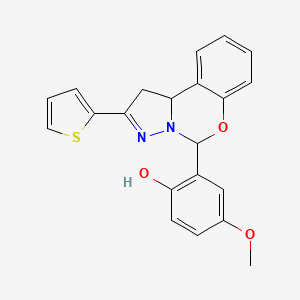 molecular formula C21H18N2O3S B11609247 4-Methoxy-2-[2-(thiophen-2-yl)-1,10b-dihydropyrazolo[1,5-c][1,3]benzoxazin-5-yl]phenol 