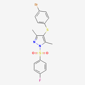 molecular formula C17H14BrFN2O2S2 B11609275 4-((4-bromophenyl)thio)-1-((4-fluorophenyl)sulfonyl)-3,5-dimethyl-1H-pyrazole 