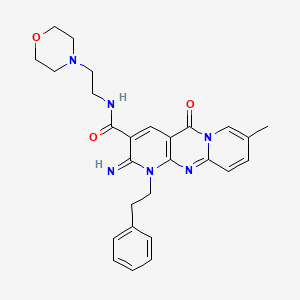 molecular formula C27H30N6O3 B11609397 6-imino-13-methyl-N-[2-(morpholin-4-yl)ethyl]-2-oxo-7-(2-phenylethyl)-1,7,9-triazatricyclo[8.4.0.0^{3,8}]tetradeca-3(8),4,9,11,13-pentaene-5-carboxamide 