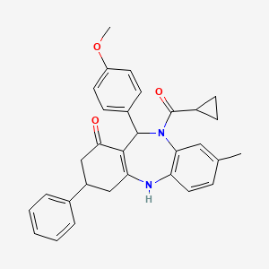 molecular formula C31H30N2O3 B11609472 cyclopropyl[1-hydroxy-11-(4-methoxyphenyl)-8-methyl-3-phenyl-2,3,4,11-tetrahydro-10H-dibenzo[b,e][1,4]diazepin-10-yl]methanone 