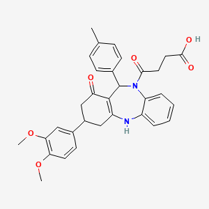 molecular formula C32H32N2O6 B11609484 4-[3-(3,4-dimethoxyphenyl)-1-hydroxy-11-(4-methylphenyl)-2,3,4,11-tetrahydro-10H-dibenzo[b,e][1,4]diazepin-10-yl]-4-oxobutanoic acid 