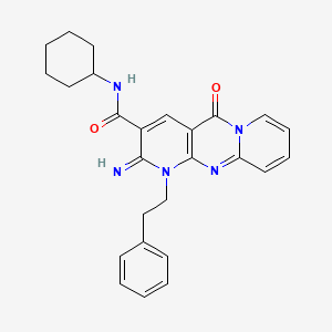 molecular formula C26H27N5O2 B11609504 N-cyclohexyl-6-imino-2-oxo-7-(2-phenylethyl)-1,7,9-triazatricyclo[8.4.0.03,8]tetradeca-3(8),4,9,11,13-pentaene-5-carboxamide 