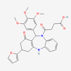 molecular formula C30H30N2O8 B11609619 4-[3-(furan-2-yl)-1-hydroxy-11-(3,4,5-trimethoxyphenyl)-2,3,4,11-tetrahydro-10H-dibenzo[b,e][1,4]diazepin-10-yl]-4-oxobutanoic acid 