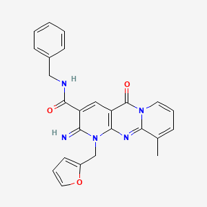 molecular formula C25H21N5O3 B11609775 N-benzyl-7-[(furan-2-yl)methyl]-6-imino-11-methyl-2-oxo-1,7,9-triazatricyclo[8.4.0.0^{3,8}]tetradeca-3(8),4,9,11,13-pentaene-5-carboxamide 