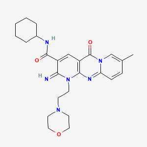 molecular formula C25H32N6O3 B11609819 N-cyclohexyl-6-imino-13-methyl-7-[2-(morpholin-4-yl)ethyl]-2-oxo-1,7,9-triazatricyclo[8.4.0.0^{3,8}]tetradeca-3(8),4,9,11,13-pentaene-5-carboxamide 