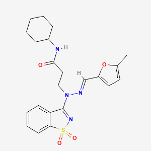 molecular formula C22H26N4O4S B11610068 N-cyclohexyl-3-{(2E)-1-(1,1-dioxido-1,2-benzisothiazol-3-yl)-2-[(5-methyl-2-furyl)methylene]hydrazino}propanamide 