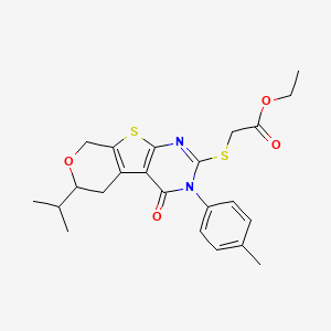 molecular formula C23H26N2O4S2 B11610081 ethyl 2-[[4-(4-methylphenyl)-3-oxo-12-propan-2-yl-11-oxa-8-thia-4,6-diazatricyclo[7.4.0.02,7]trideca-1(9),2(7),5-trien-5-yl]sulfanyl]acetate 