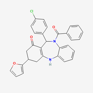 molecular formula C30H23ClN2O3 B11610612 [11-(4-chlorophenyl)-3-(furan-2-yl)-1-hydroxy-2,3,4,11-tetrahydro-10H-dibenzo[b,e][1,4]diazepin-10-yl](phenyl)methanone 