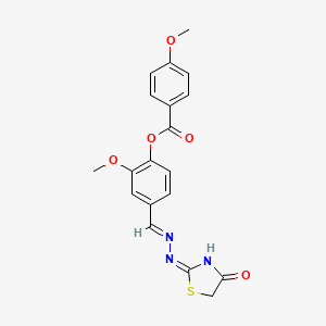 molecular formula C19H17N3O5S B11610740 2-methoxy-4-{(E)-[2-(4-oxo-4,5-dihydro-1,3-thiazol-2-yl)hydrazinylidene]methyl}phenyl 4-methoxybenzoate 