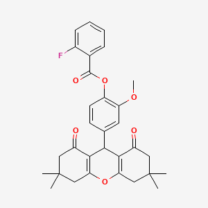 molecular formula C31H31FO6 B11610838 2-methoxy-4-(3,3,6,6-tetramethyl-1,8-dioxo-2,3,4,5,6,7,8,9-octahydro-1H-xanthen-9-yl)phenyl 2-fluorobenzoate 