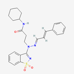 molecular formula C25H28N4O3S B11610946 N-cyclohexyl-3-{(2E)-1-(1,1-dioxido-1,2-benzothiazol-3-yl)-2-[(2E)-3-phenylprop-2-en-1-ylidene]hydrazinyl}propanamide 