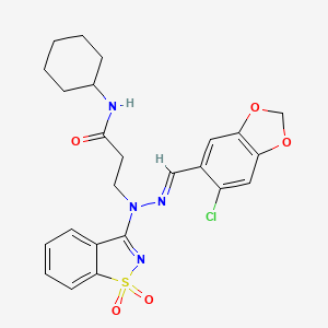 3-[(2E)-2-[(6-chloro-1,3-benzodioxol-5-yl)methylidene]-1-(1,1-dioxido-1,2-benzothiazol-3-yl)hydrazinyl]-N-cyclohexylpropanamide