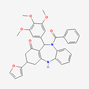 molecular formula C33H30N2O6 B11611033 [3-(furan-2-yl)-1-hydroxy-11-(3,4,5-trimethoxyphenyl)-2,3,4,11-tetrahydro-10H-dibenzo[b,e][1,4]diazepin-10-yl](phenyl)methanone 