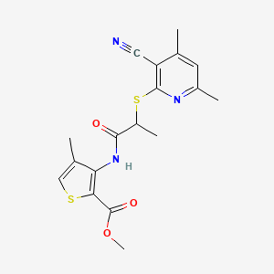 molecular formula C18H19N3O3S2 B11611262 Methyl 3-({2-[(3-cyano-4,6-dimethylpyridin-2-yl)sulfanyl]propanoyl}amino)-4-methylthiophene-2-carboxylate 