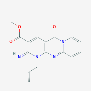 molecular formula C18H18N4O3 B11611302 Ethyl 6-imino-11-methyl-2-oxo-7-(prop-2-en-1-yl)-1,7,9-triazatricyclo[8.4.0.0^{3,8}]tetradeca-3(8),4,9,11,13-pentaene-5-carboxylate 