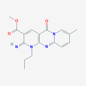 molecular formula C17H18N4O3 B11611809 Methyl 6-imino-13-methyl-2-oxo-7-propyl-1,7,9-triazatricyclo[8.4.0.0^{3,8}]tetradeca-3(8),4,9,11,13-pentaene-5-carboxylate 